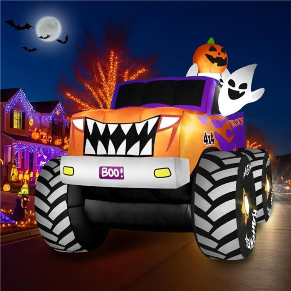 8FT Long Halloween Inflatables Decoration Outdoor Monster Truck Car with Ghosts